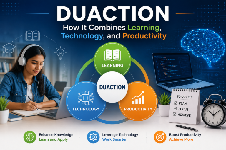 Illustration showing Duaction combining learning, technology, and productivity through integrated workflows, AI assistance, and continuous improvement.