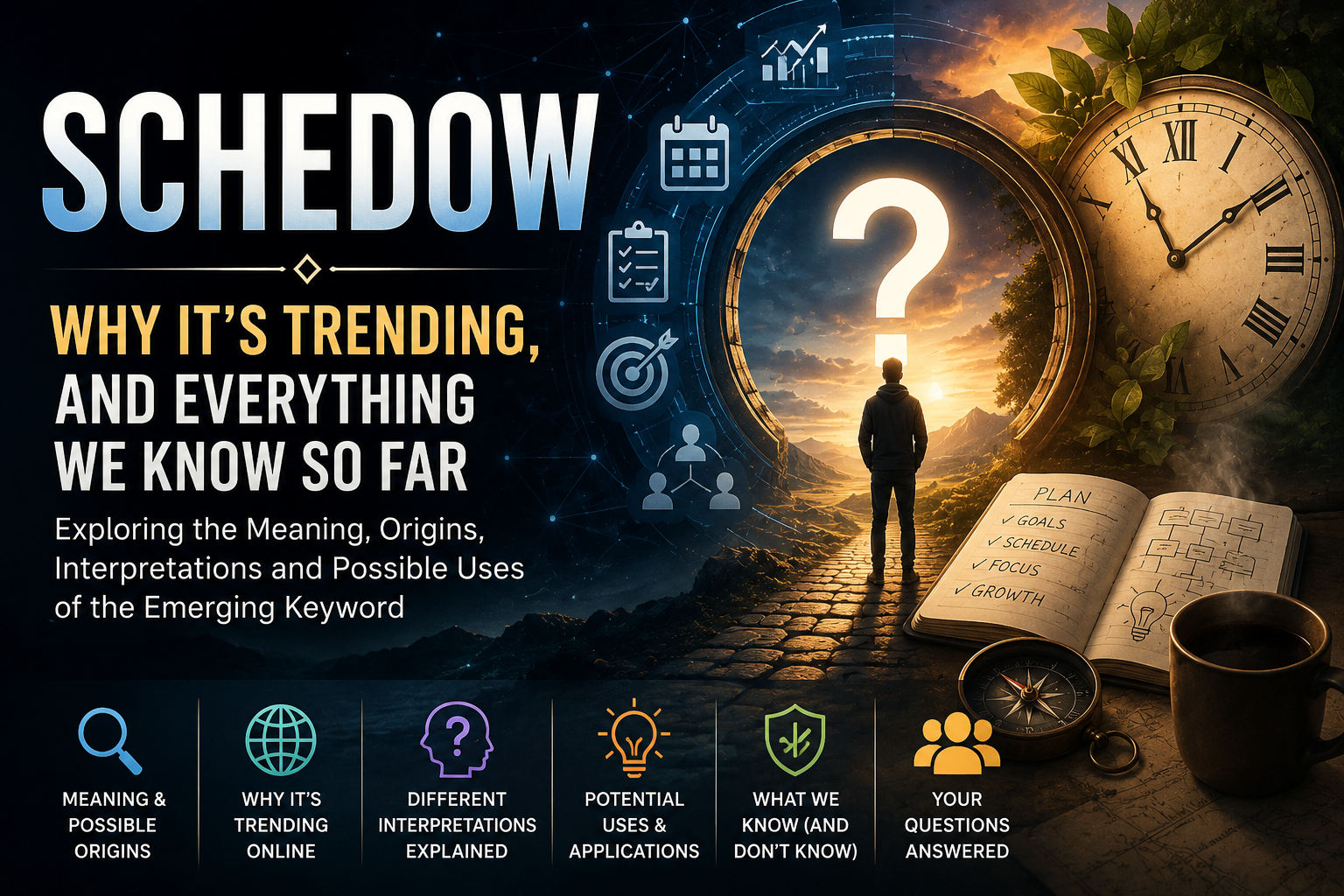 A cinematic feature image for Schedow showing the contrast between darkness and light, with a silhouette, a spiral clock, and mystical elements representing mystery, time management, balance, and the emerging meaning of the Schedow