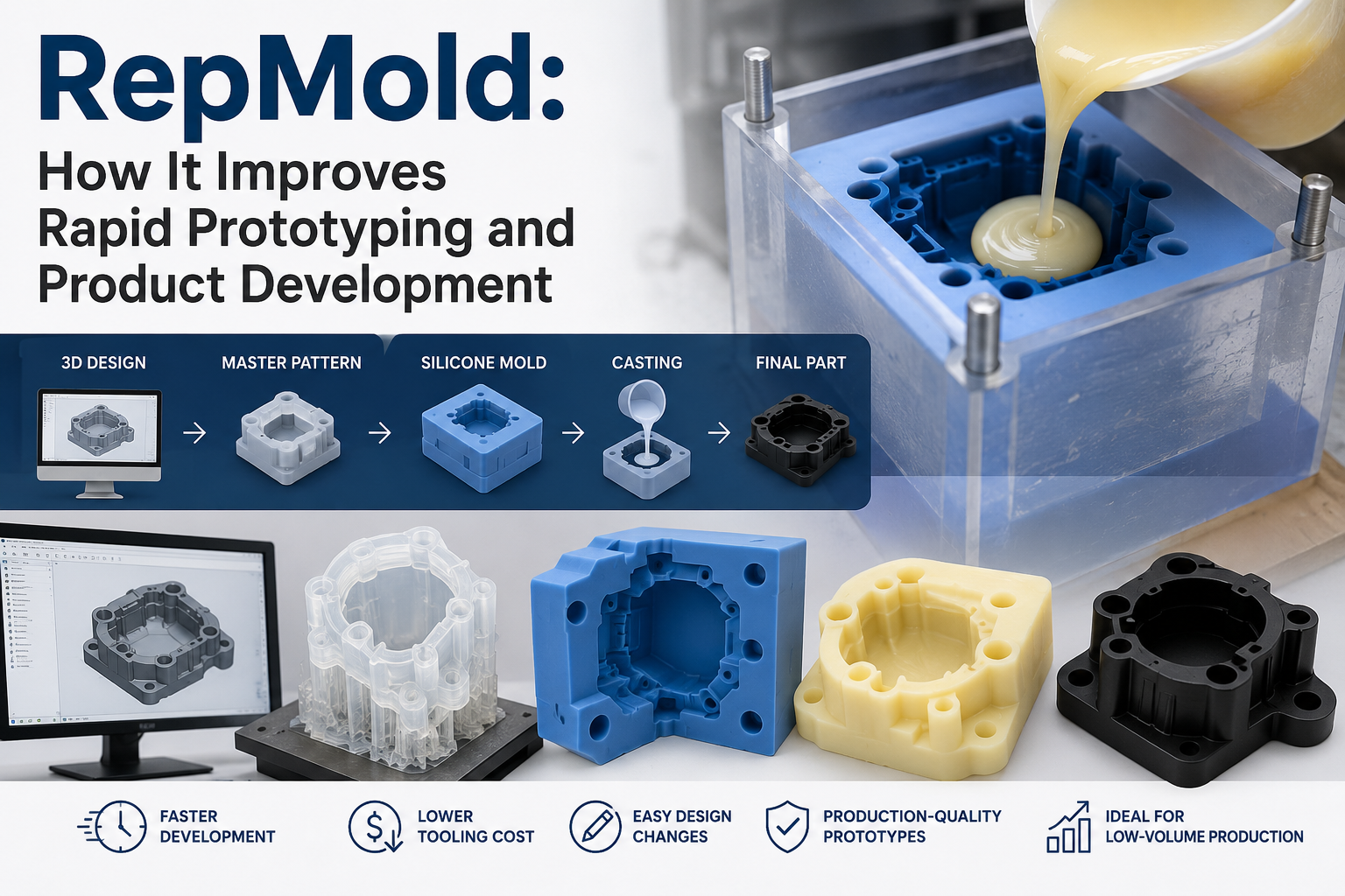 RepMold rapid prototyping workflow showing CAD design, master pattern creation, silicone mold fabrication, resin casting, and production-quality prototype manufacturing
