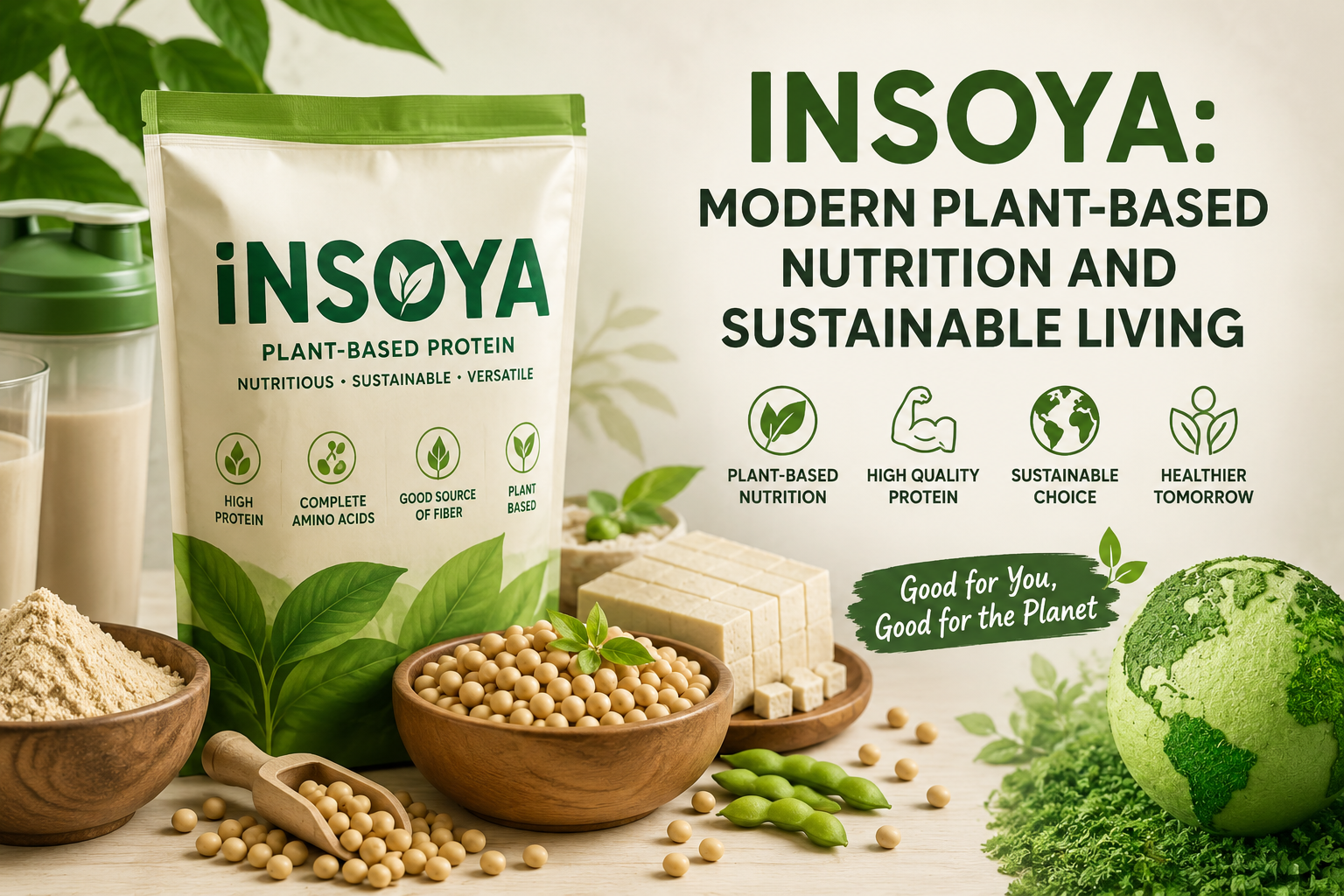 Insoya modern plant-based protein with soybeans highlighting sustainable nutrition and healthy plant-based living