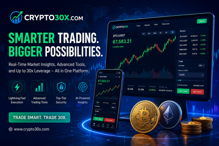 Crypto30x.com review illustration showing cryptocurrency trading dashboard, Bitcoin, Ethereum, market charts, AI-powered tools, and blockchain analytics
